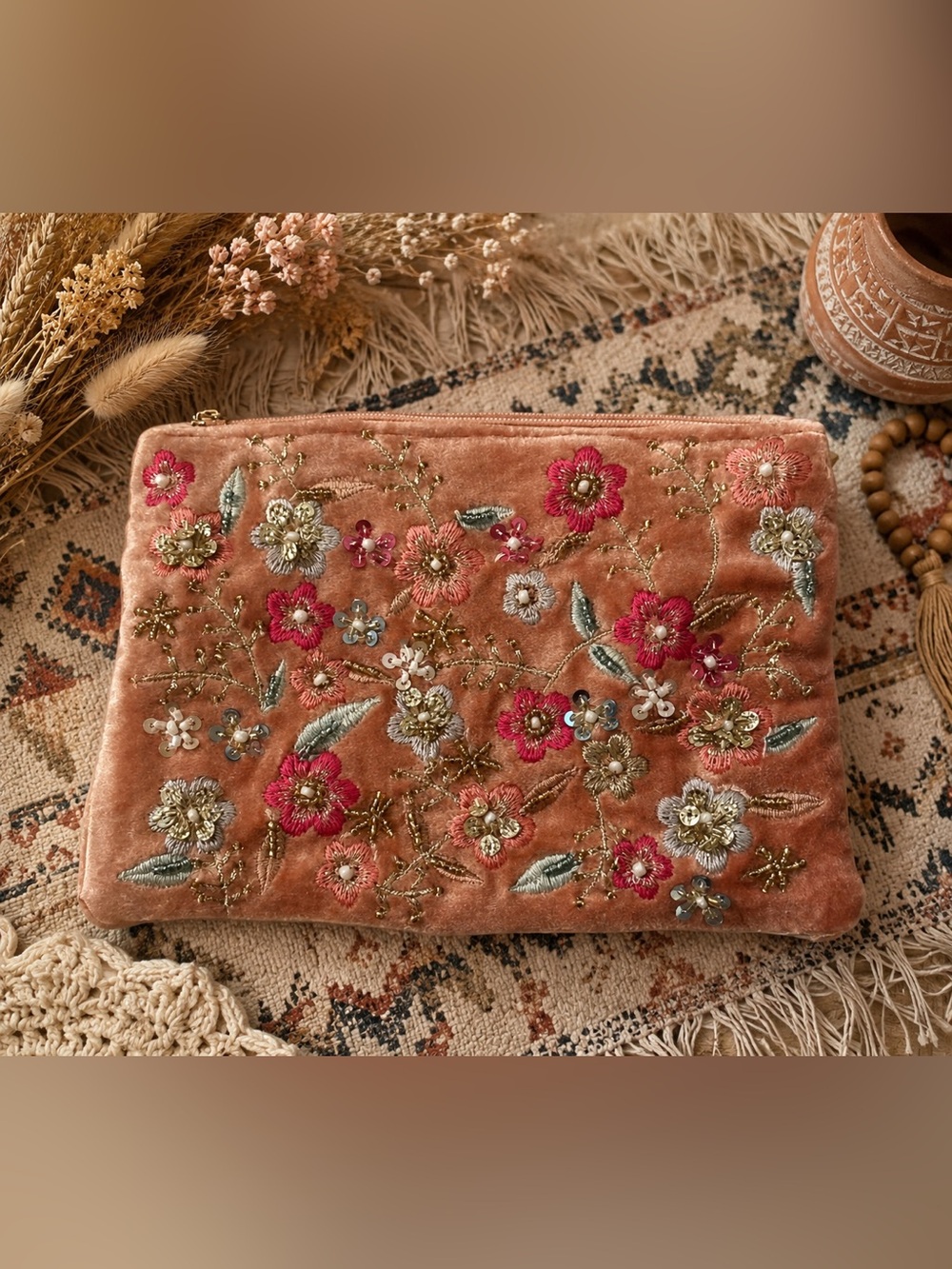 Embroidered Floral Velvet Clutch - Peach Pink